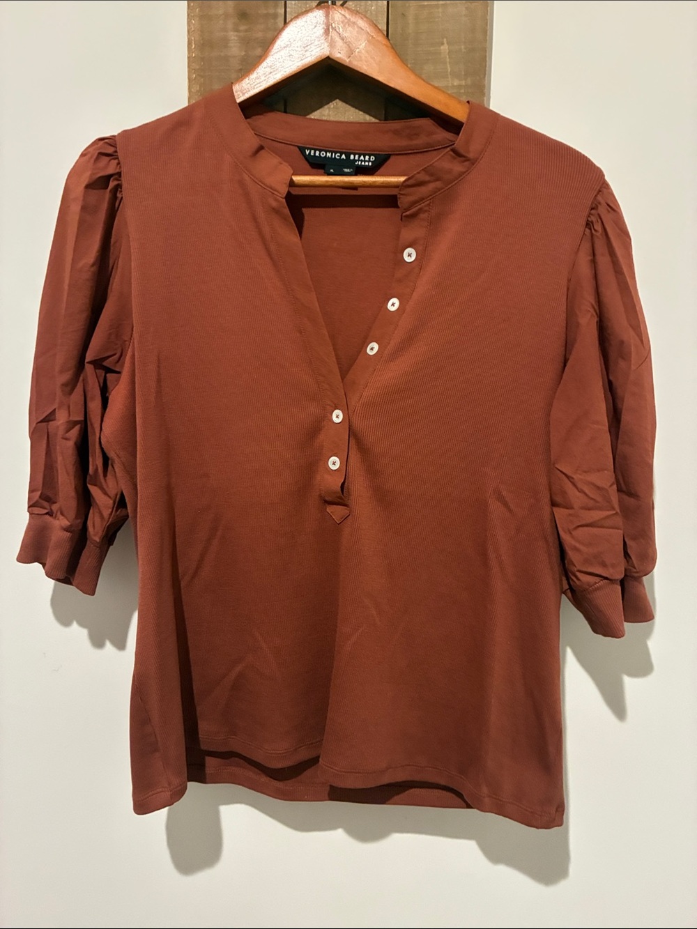 Veronica Beard Brick Red Button-Front Puff Sleeve Top